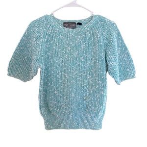 Yarn Works Petite Mint Green White Knit Short Sleeve Sweater